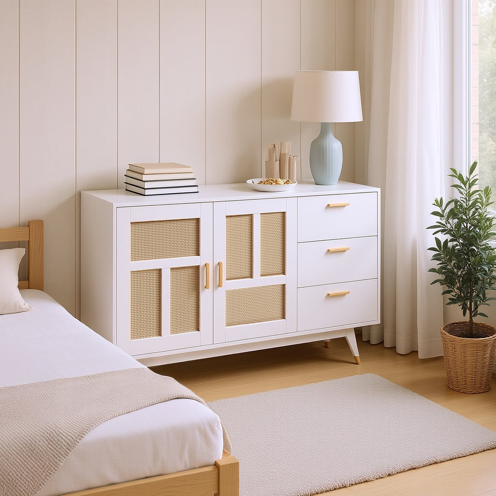 Buffet de ratán blanco decorativo con 2 puertas de ratán y 3 cajones, elegante unidad de almacenamiento multifunción con detalles dorados, 160x40x87 cm