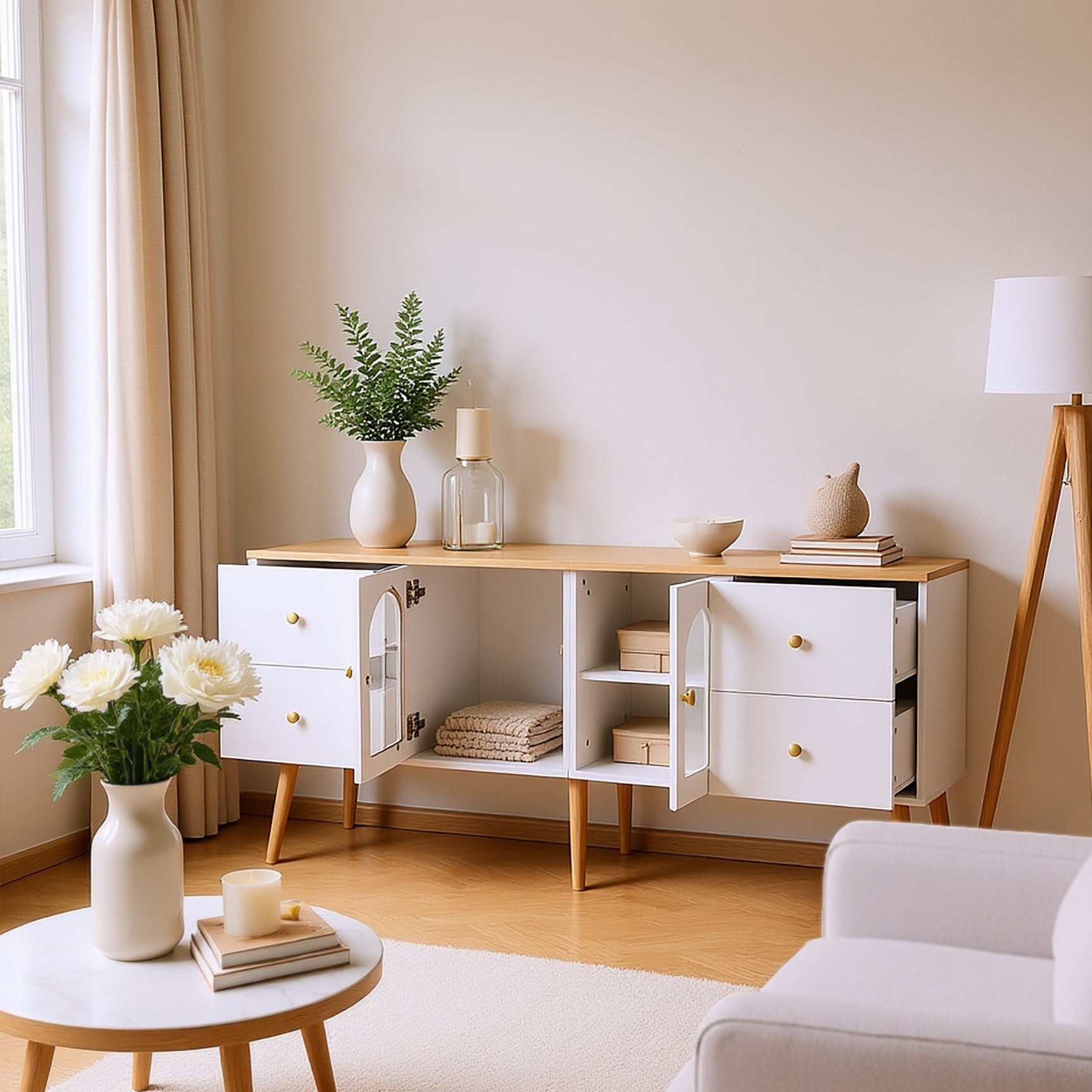 Meuble TV avec 4 tiroirs et 2 portes vitrées en verre trempé, design moderne blanc et bois naturel