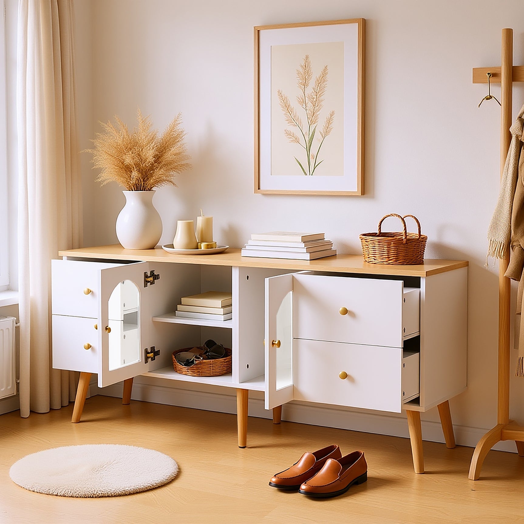 Meuble TV avec 4 tiroirs et 2 portes vitrées en verre trempé, design moderne blanc et bois naturel