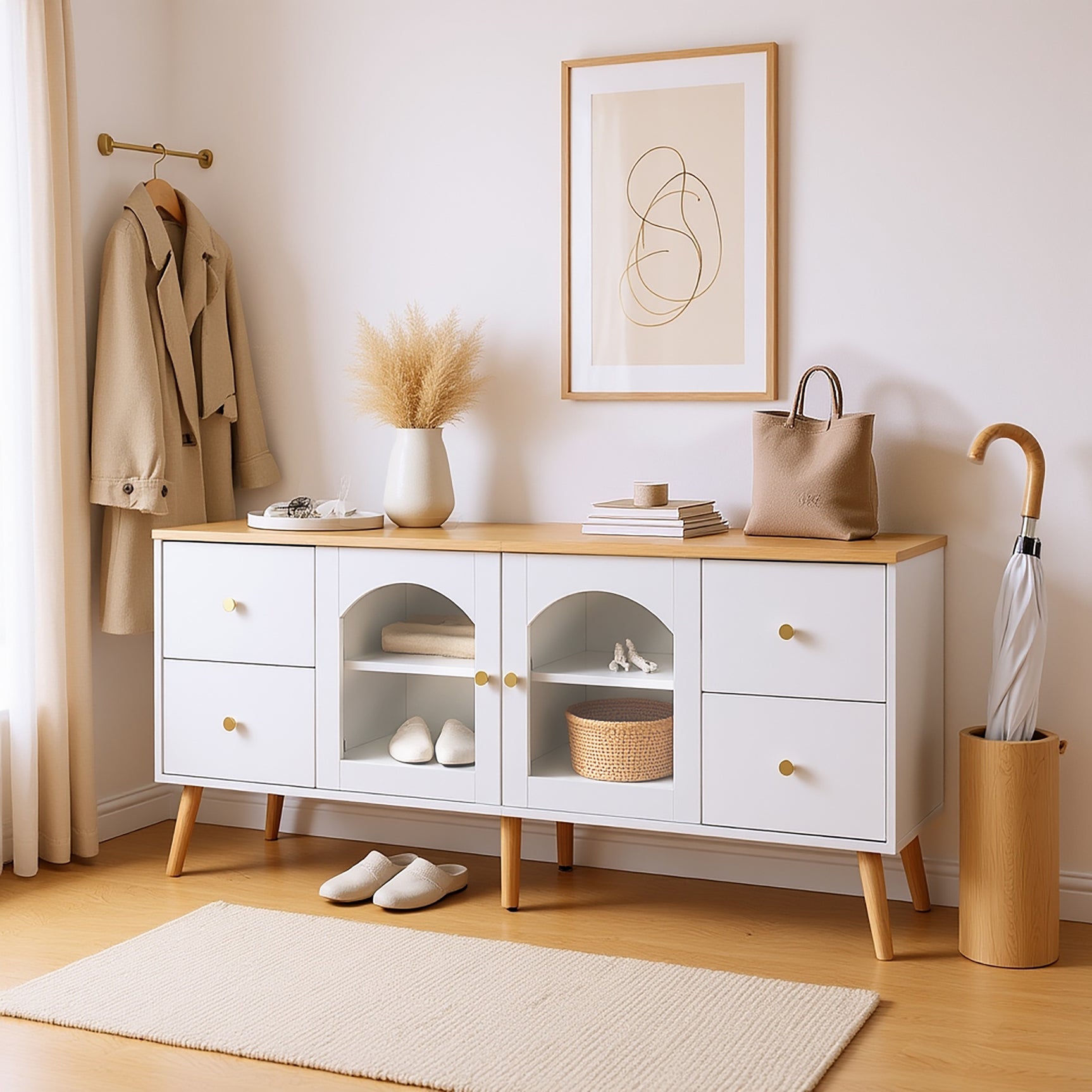 Meuble TV avec 4 tiroirs et 2 portes vitrées en verre trempé, design moderne blanc et bois naturel