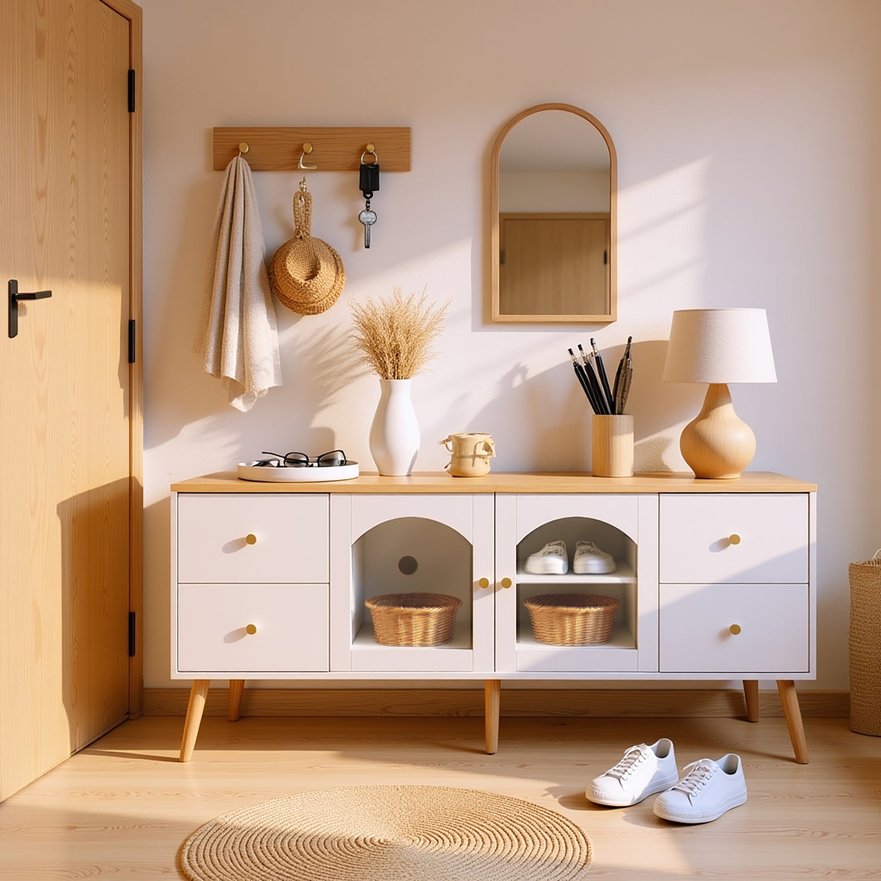 Meuble TV avec 4 tiroirs et 2 portes vitrées en verre trempé, design moderne blanc et bois naturel