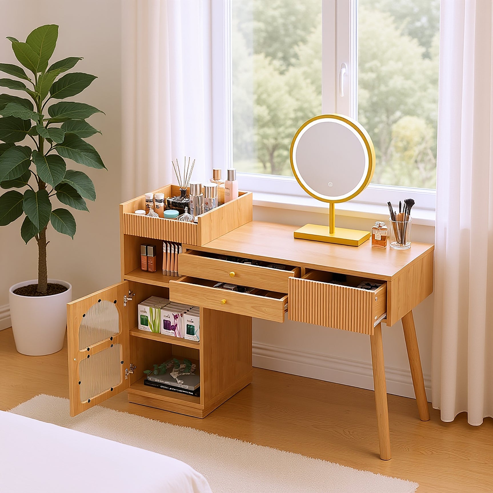 Peluquero moderno con espejo LED de 3 a luz, gran espacio de almacenamiento y gabinete de vidrio lateral, 120x40x90 cm