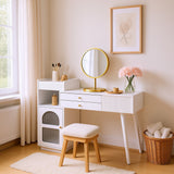Dimensiones con espejo LED de 3 columnas, mesa de maquillaje de madera con 3 cajones y gabinete lateral, diseño extensible