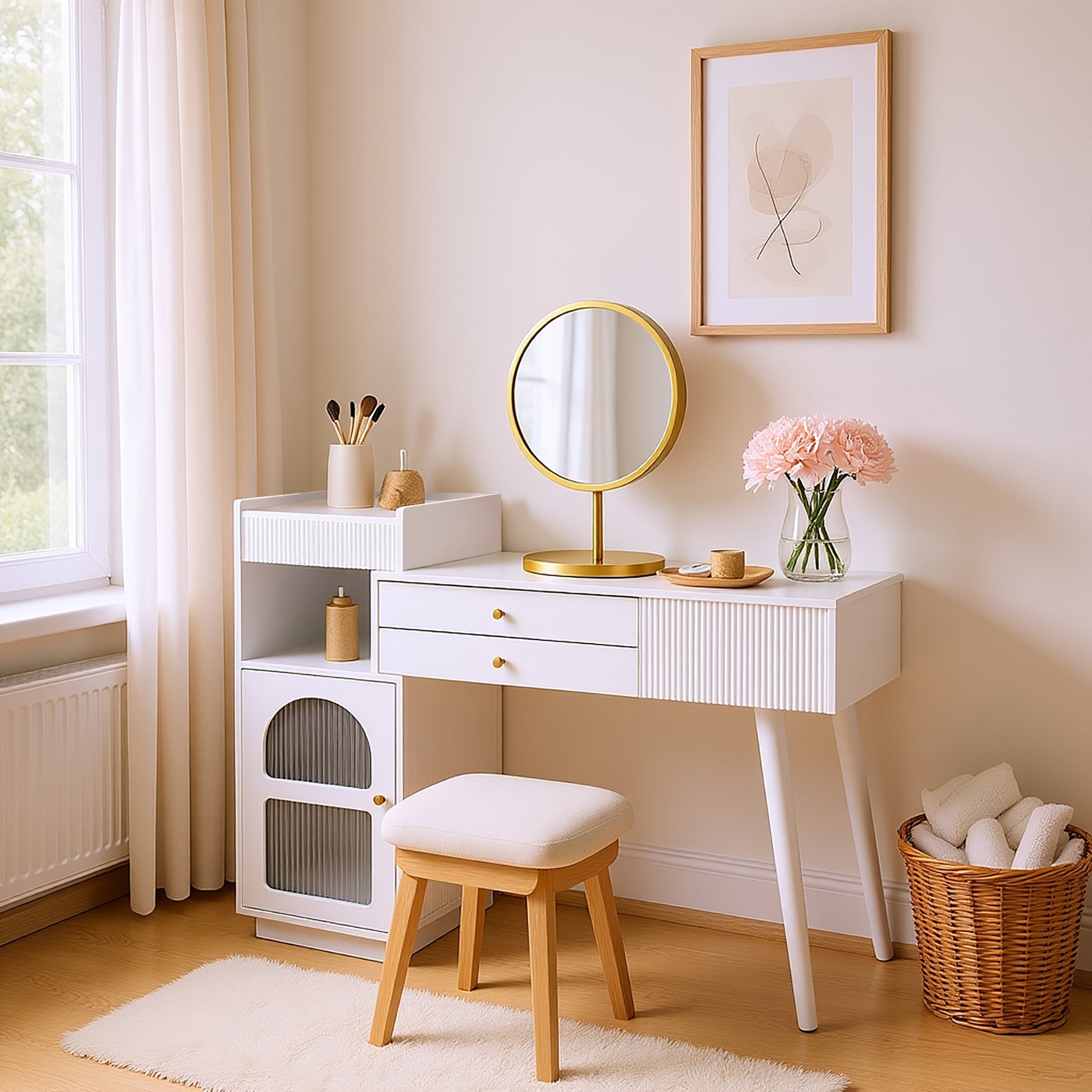 Dimensiones con espejo LED de 3 columnas, mesa de maquillaje de madera con 3 cajones y gabinete lateral, diseño extensible