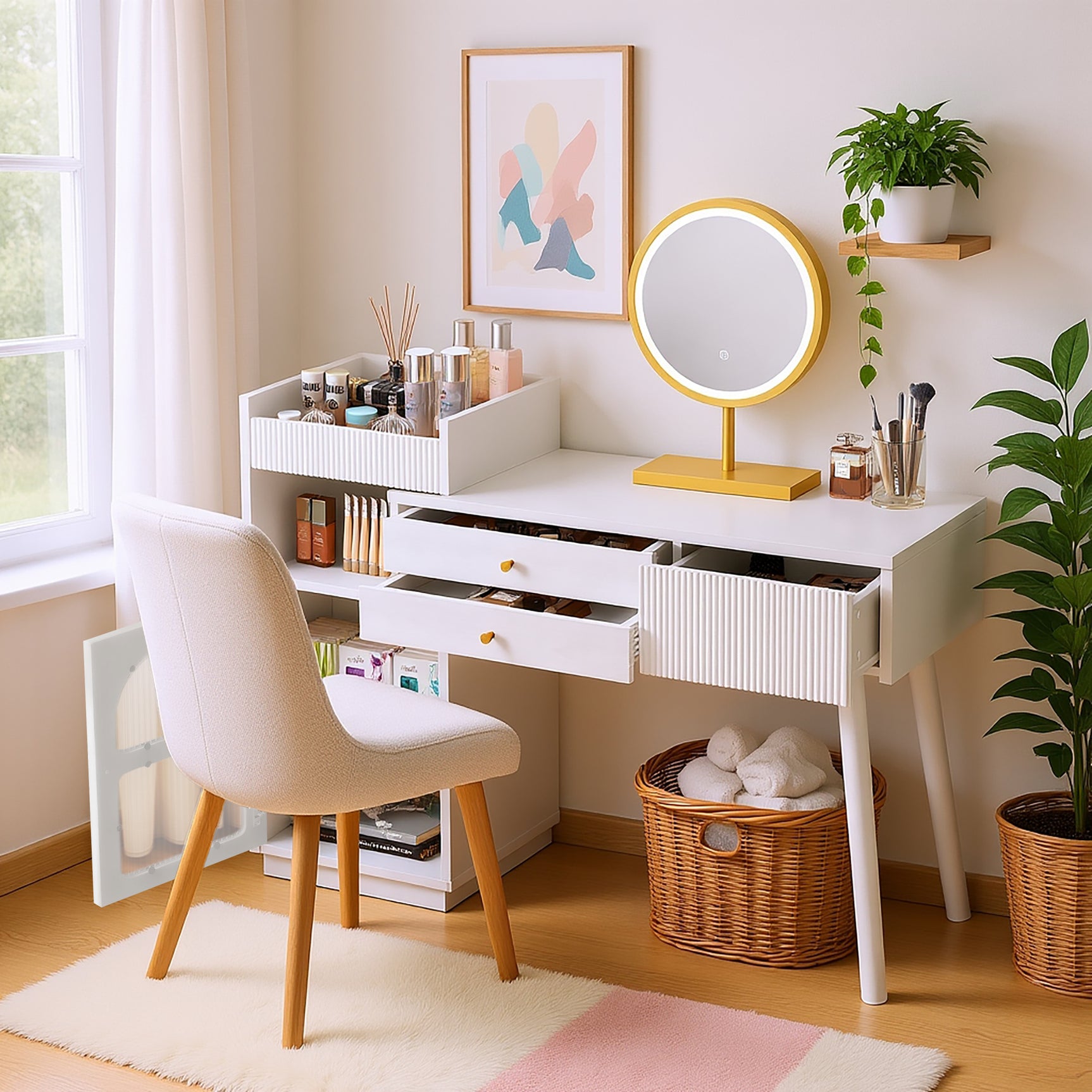 Dimensiones con espejo LED de 3 columnas, mesa de maquillaje de madera con 3 cajones y gabinete lateral, diseño extensible