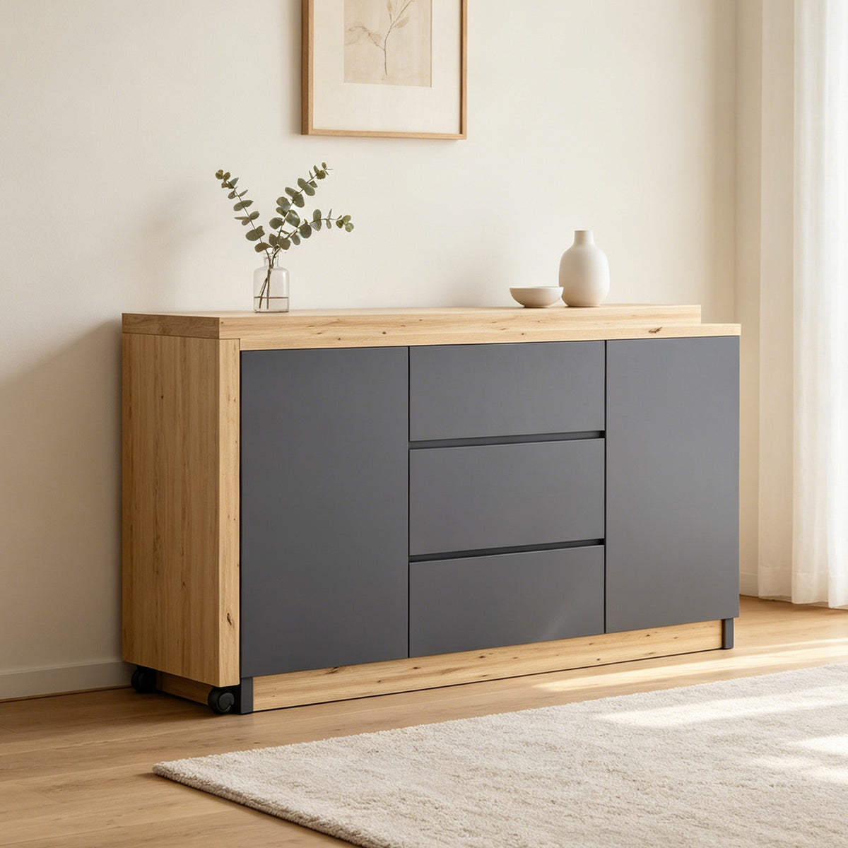Bureau pivotant multifonctionnel en MDF gris et chêne
