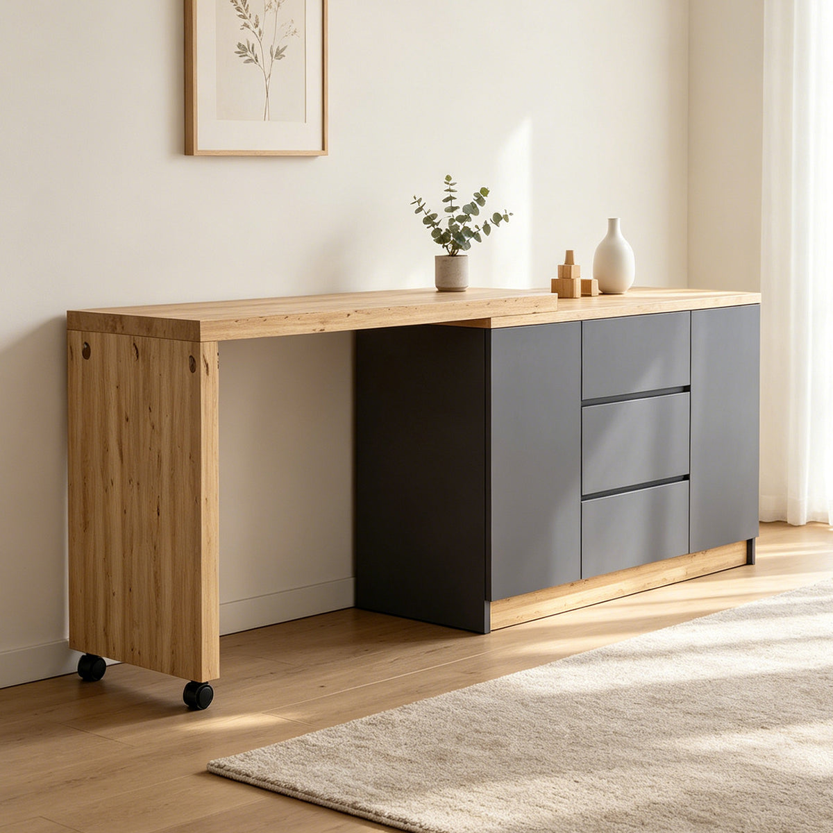 Bureau pivotant multifonctionnel en MDF gris et chêne