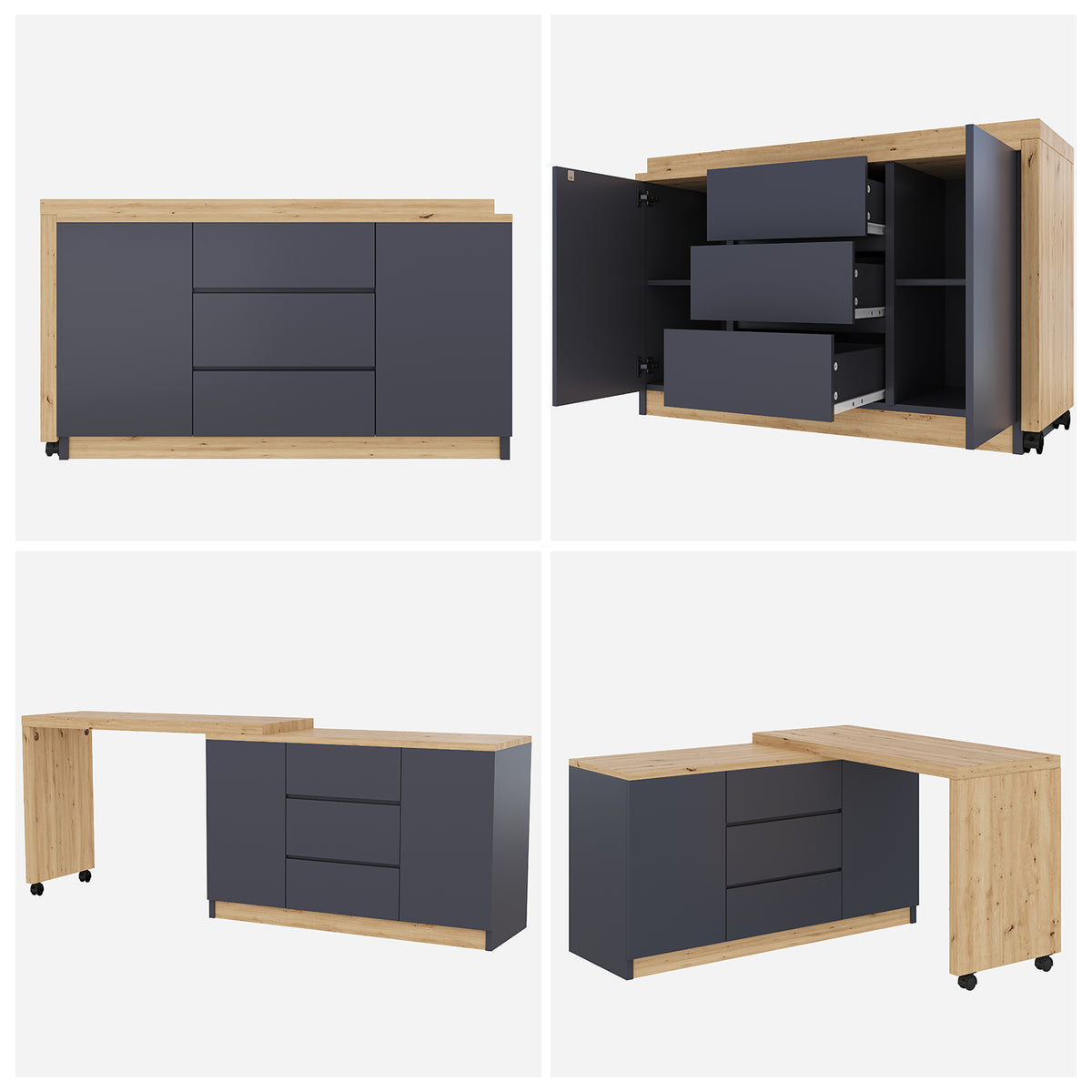 Bureau pivotant multifonctionnel en MDF gris et chêne