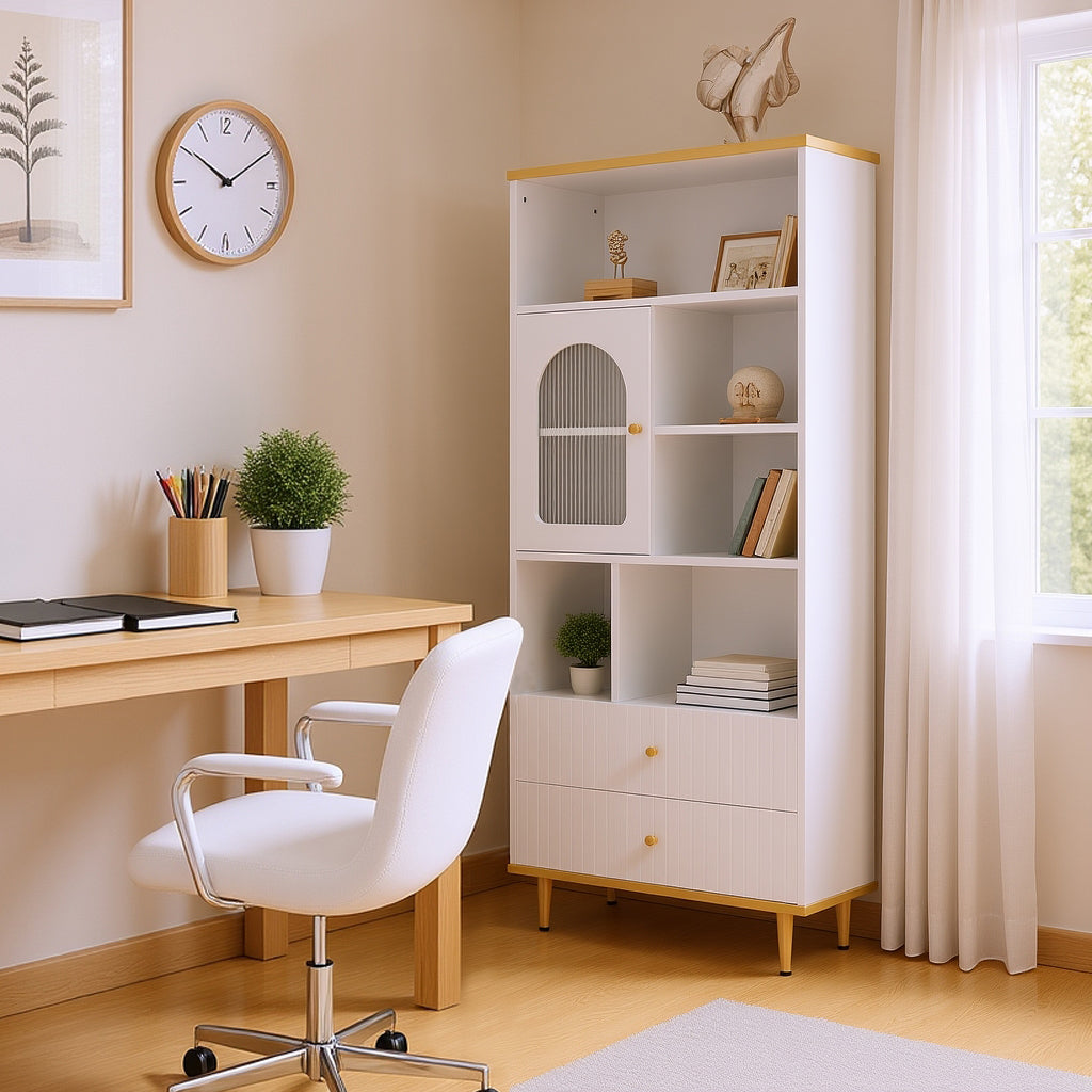 Bibliothèque multifonctionnelle blanche avec LED et portes vitrées – 78×36×180 cm