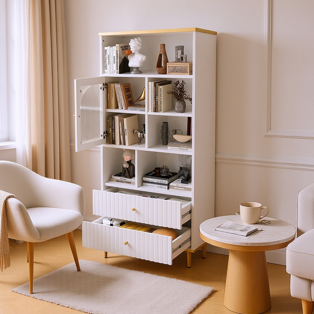 Bibliothèque multifonctionnelle blanche avec LED et portes vitrées – 78×36×180 cm