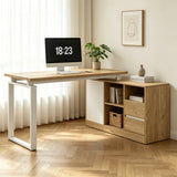 Bureau MDF blanc et ton bois naturel en forme de L