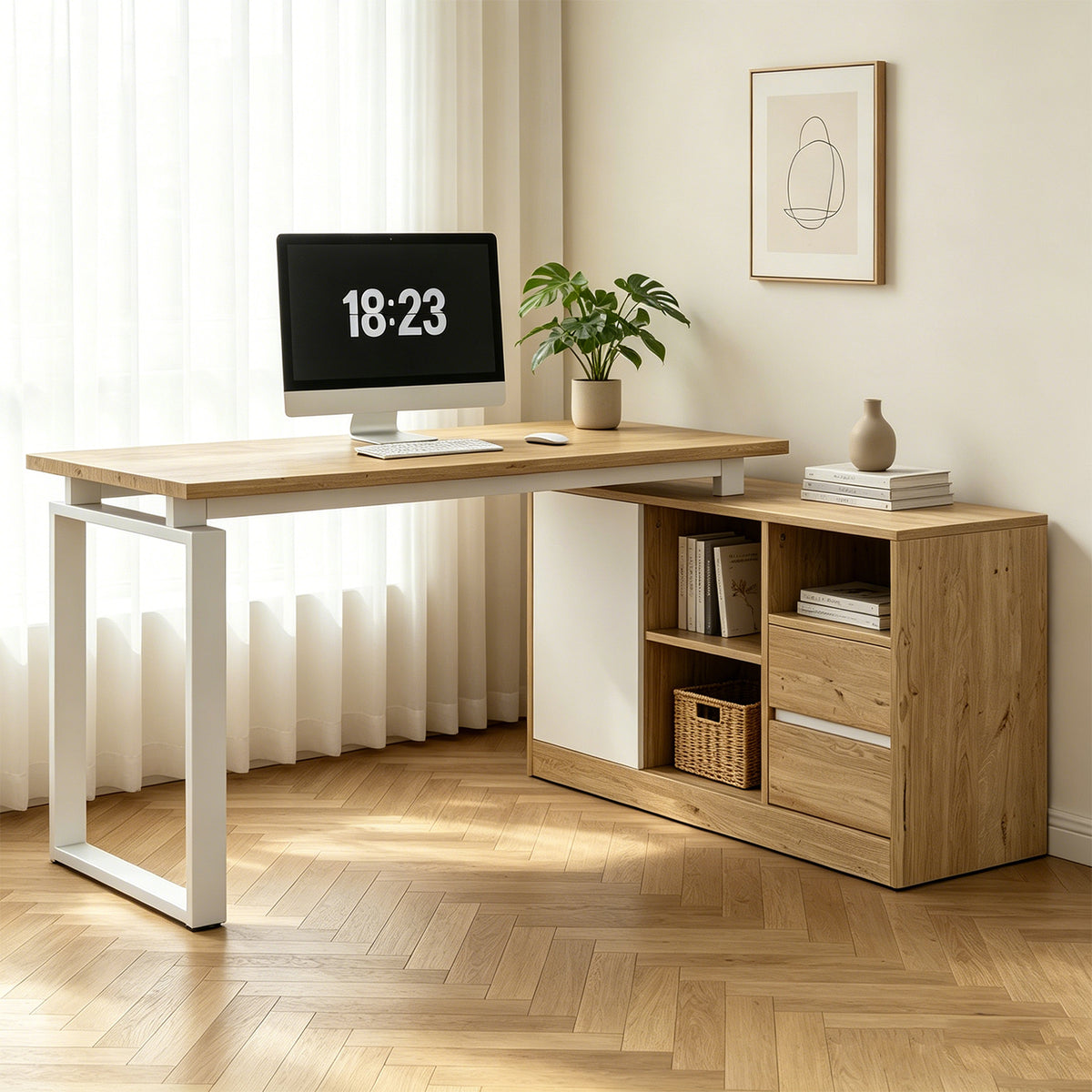 Bureau MDF blanc et ton bois naturel en forme de L