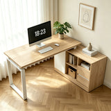 Bureau MDF blanc et ton bois naturel en forme de L