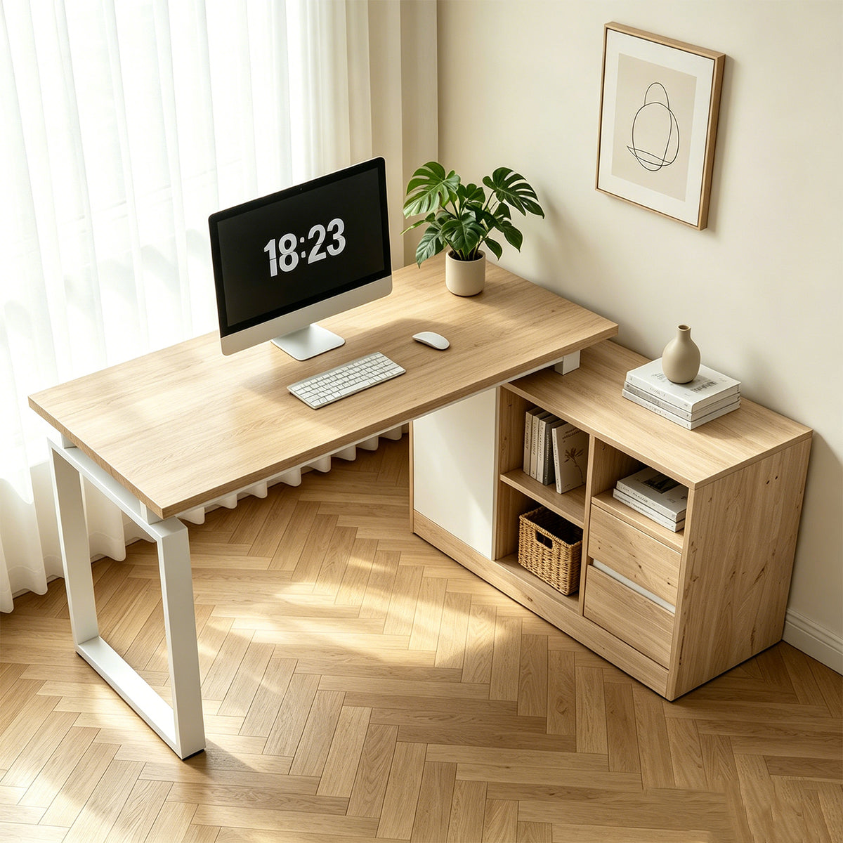 Bureau MDF blanc et ton bois naturel en forme de L