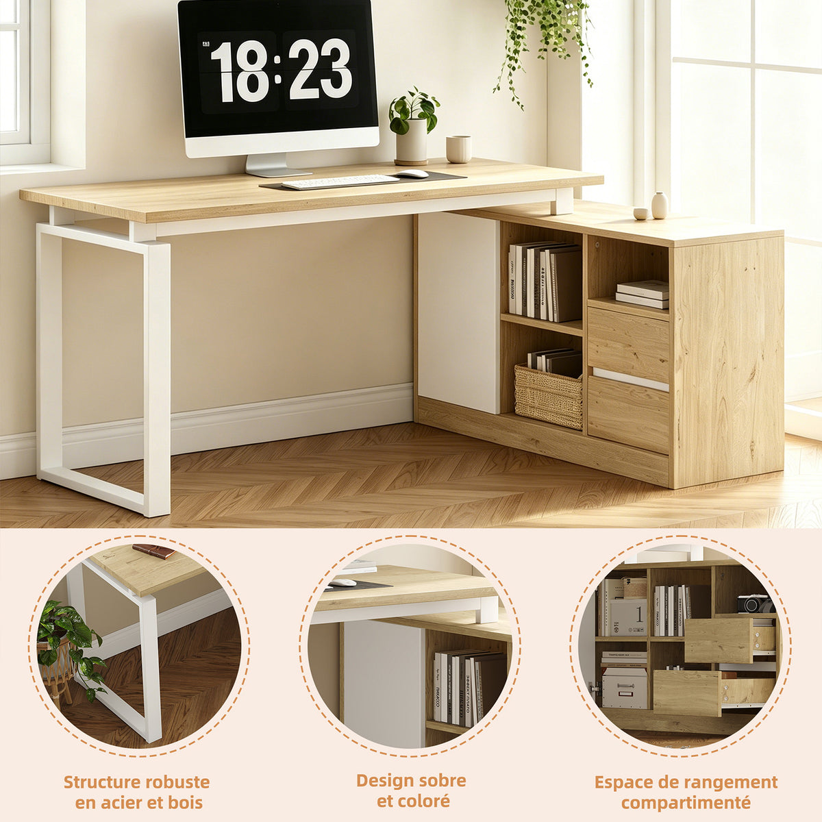 Bureau MDF blanc et ton bois naturel en forme de L