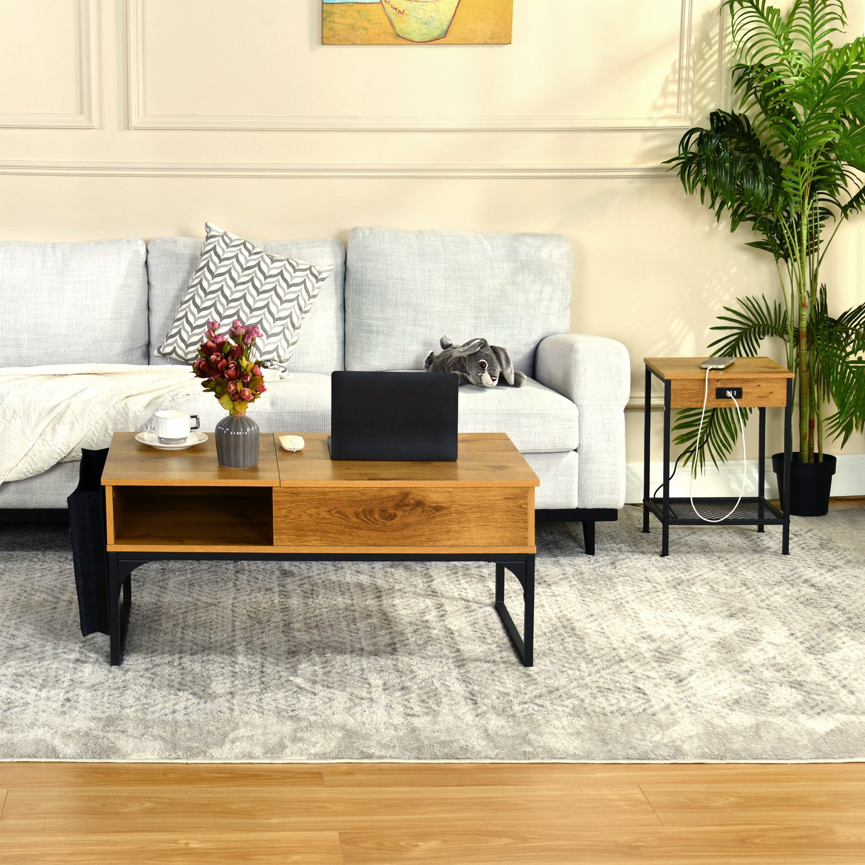 Actoint Table/End of Industrial Design in Oak and Black Metal con doble bandeja y puertos USB integrados - Oakham
