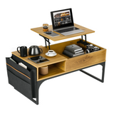 Table basse relevable style industriel avec rangement caché, plateau élévateur et pochette latérale, bois de chêne et métal noir - ZOLA