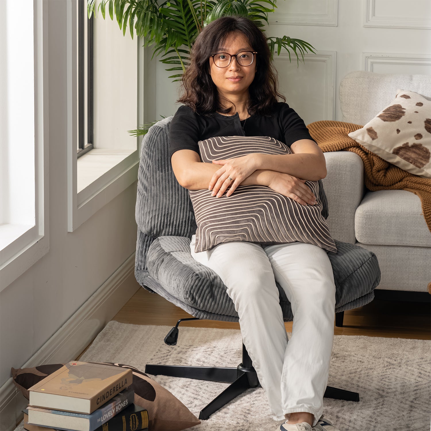 Swivel and adjustable lounge chair in gray corduroy - ALINTONEX