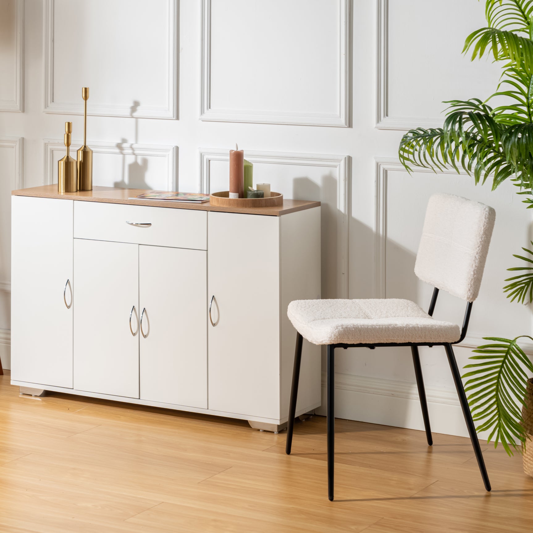 Lot de 4 chaises de salle à manger scandinaves en tissu mouton boulette beige - POMONA
