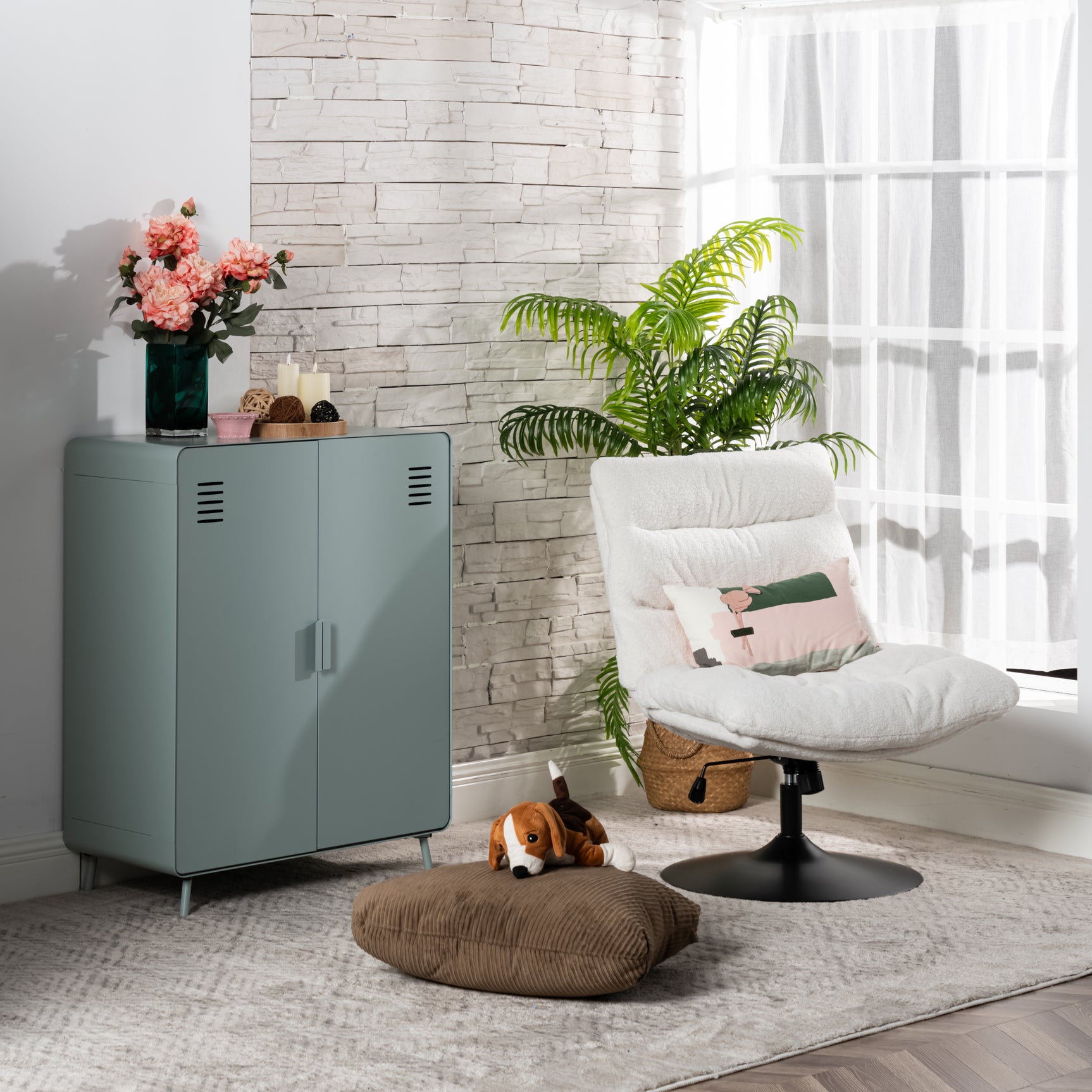 Armoire/Casier métallique vert clair au style industriel avec étagères et 2 portes- WALNUT