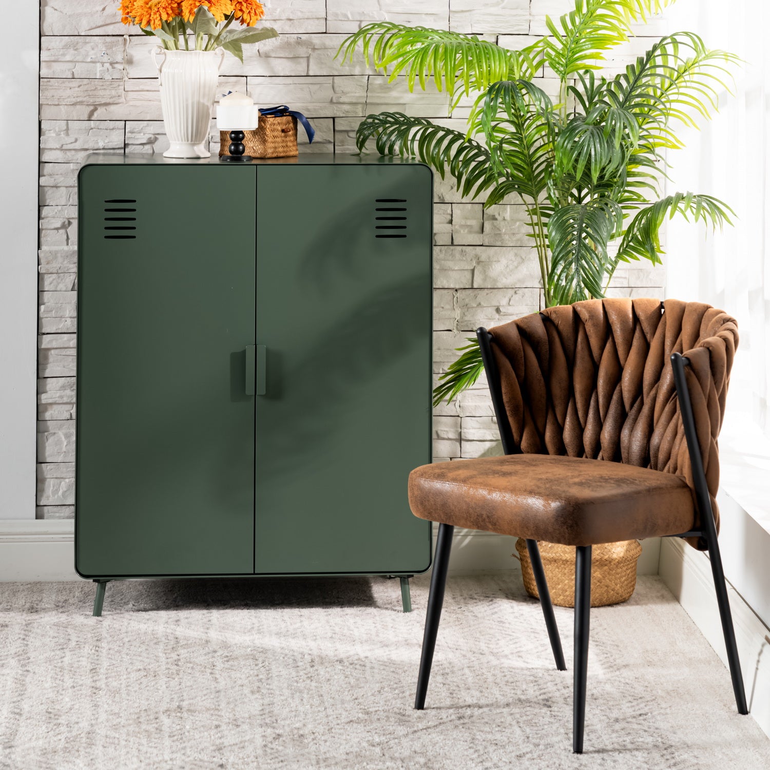 Lot de 2 chaises de salle à manger style rétro vintage avec dossier tressé en suédine marron - MILIANA