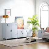 Meuble TV/Buffet salon en métal blanc 3 portes et plateau en bois avec étagères - WALNUT