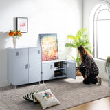 Meuble TV/Buffet salon en métal blanc 3 portes et plateau en bois avec étagères - WALNUT