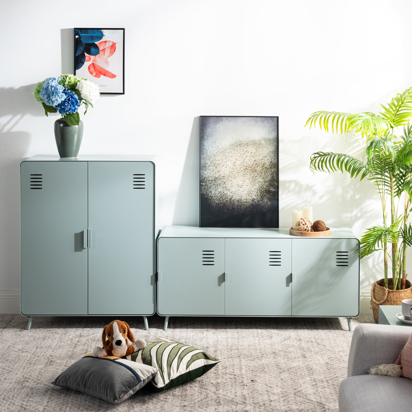 Armoire/Casier métallique vert clair au style industriel avec étagères et 2 portes- WALNUT
