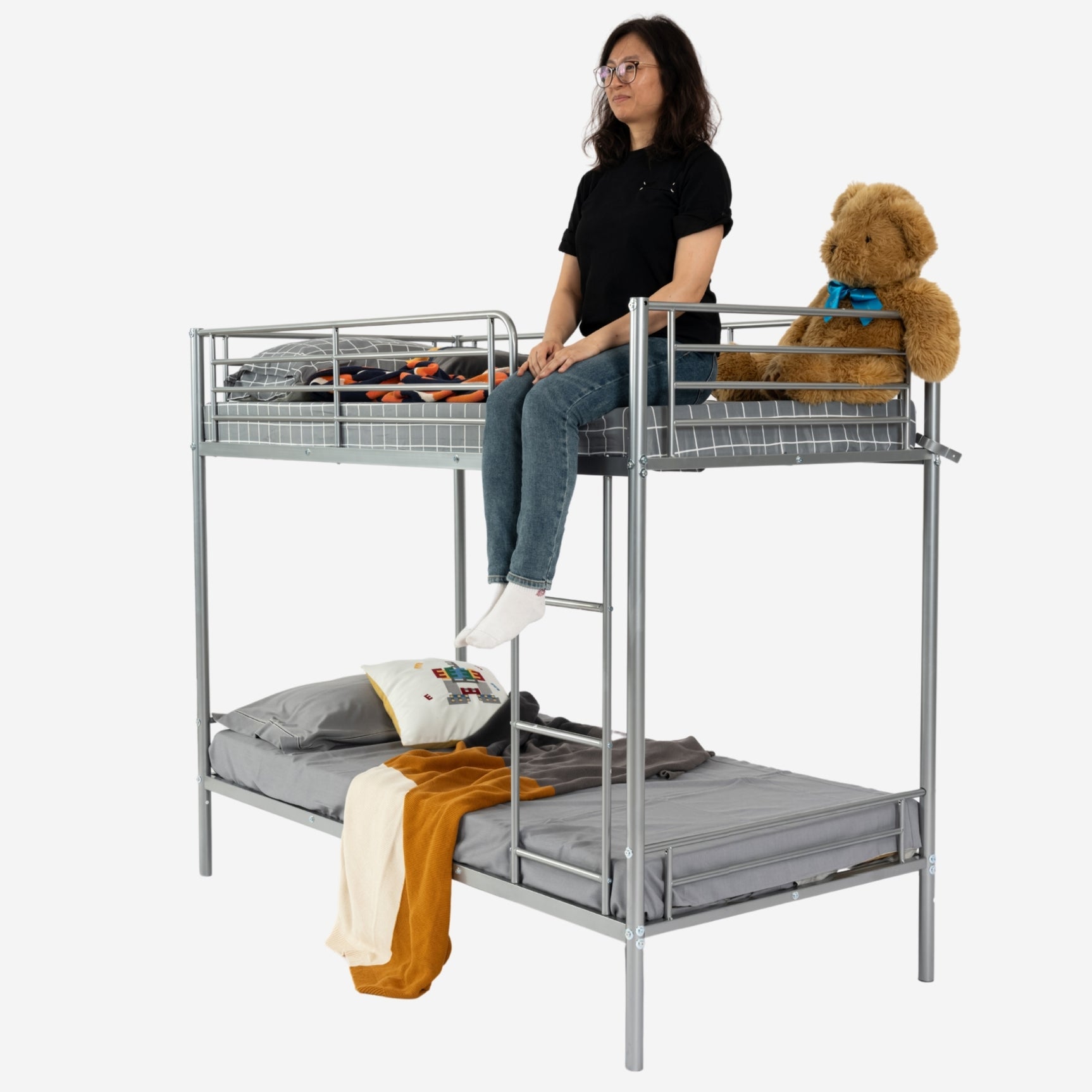 Lit superposé 2 places et 2 étages en métal argenté avec échelle 90x190cm (matelas non inclus) - TWIN