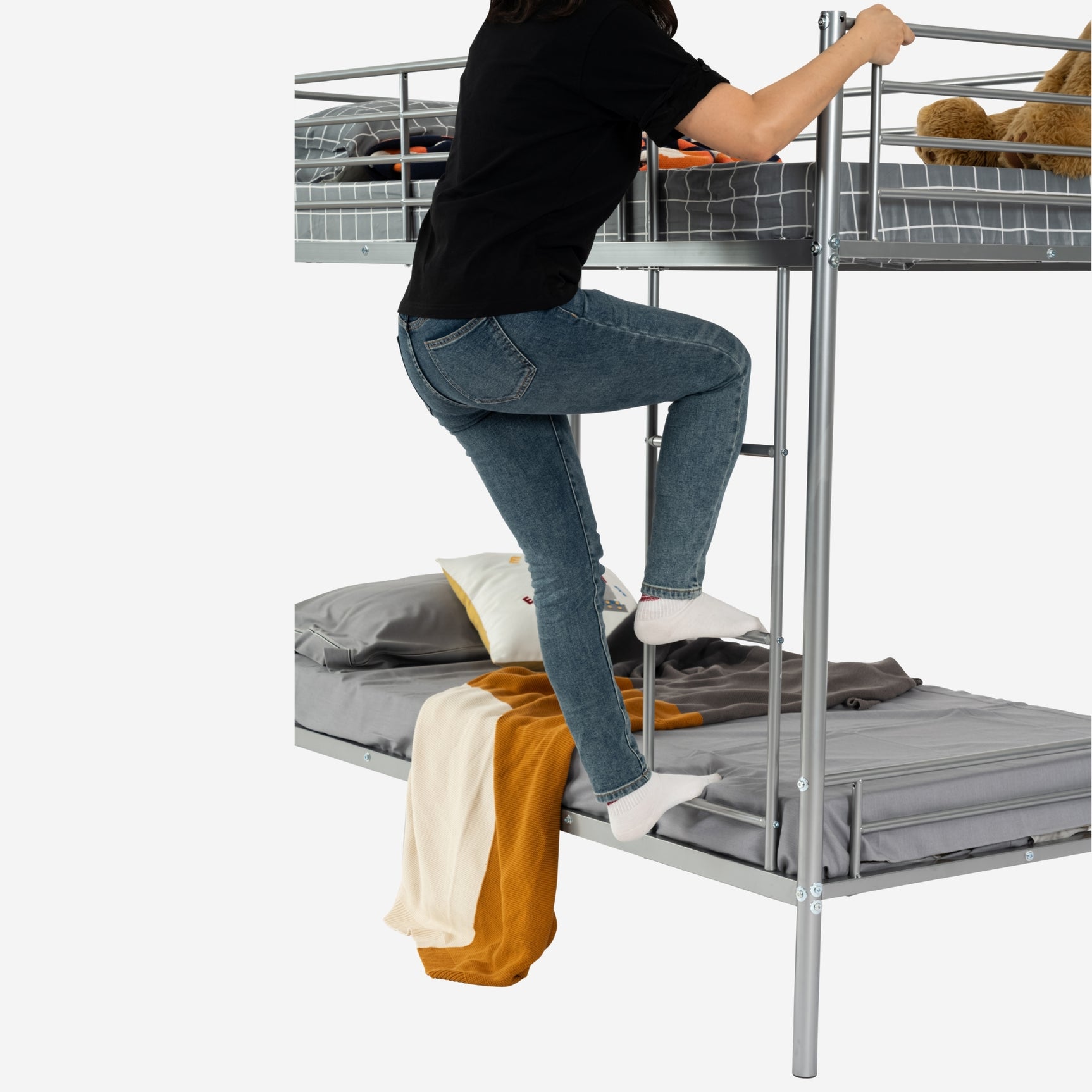 Lit superposé 2 places et 2 étages en métal argenté avec échelle 90x190cm (matelas non inclus) - TWIN