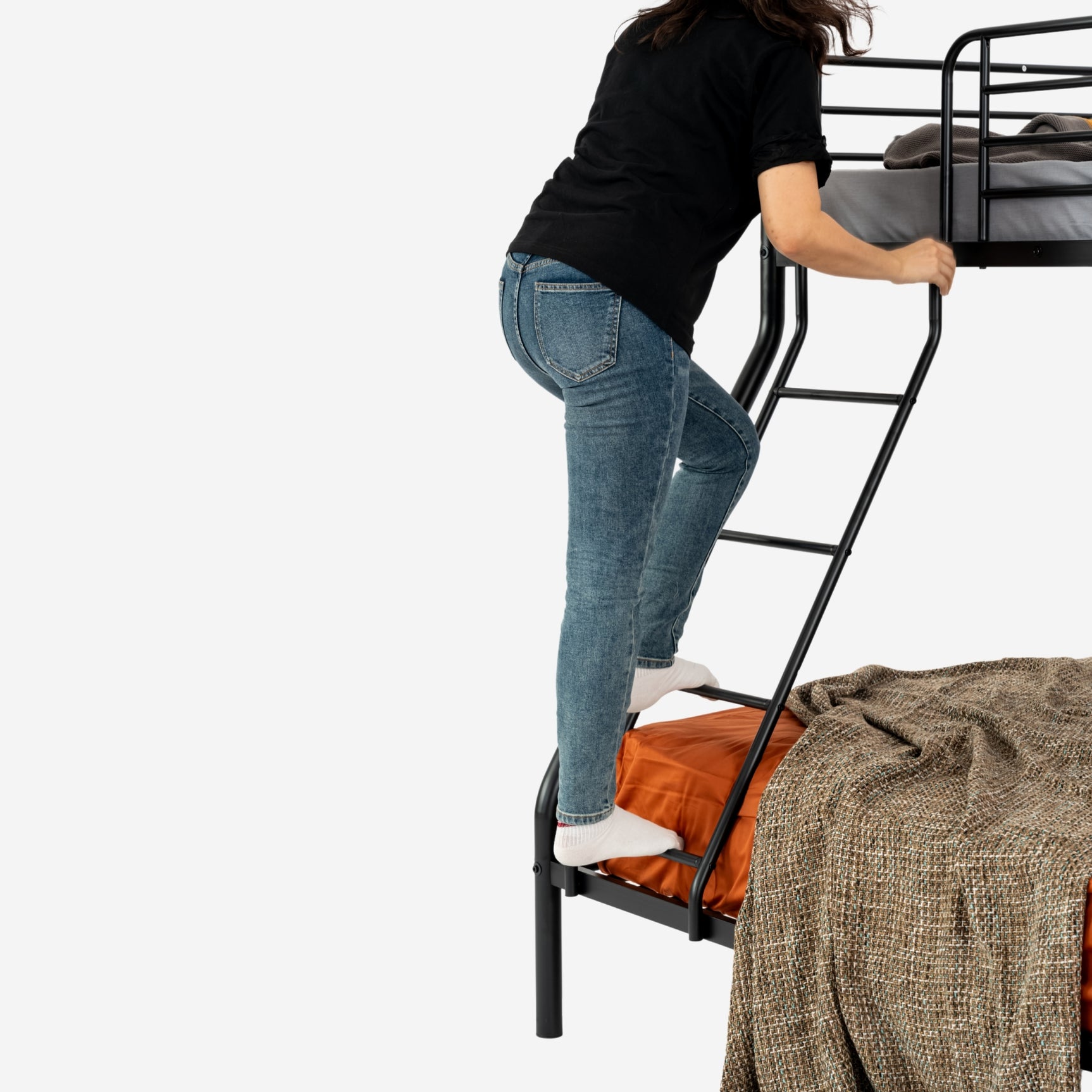 Lit superposé 3 places et 2 étages en métal noir avec échelle 140x190cm et 90x190cm (matelas non inclus) - JAZZ