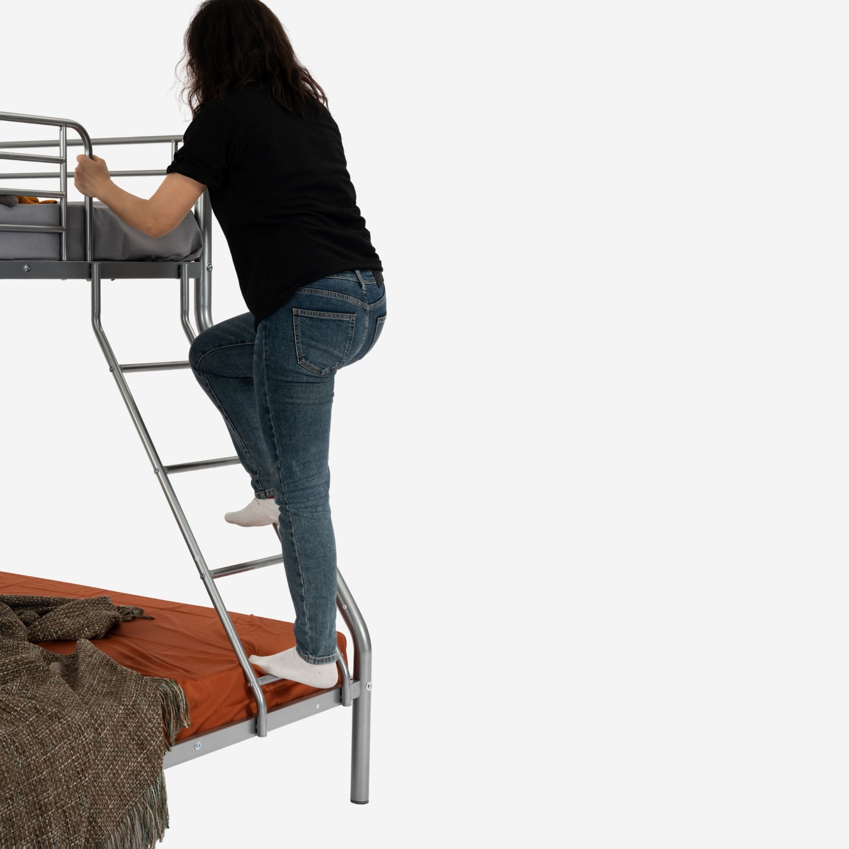 Lit superposé 3 places et 2 étages en métal argenté avec échelle 140x190cm et 90x190cm (matelas non inclus) - JAZZ