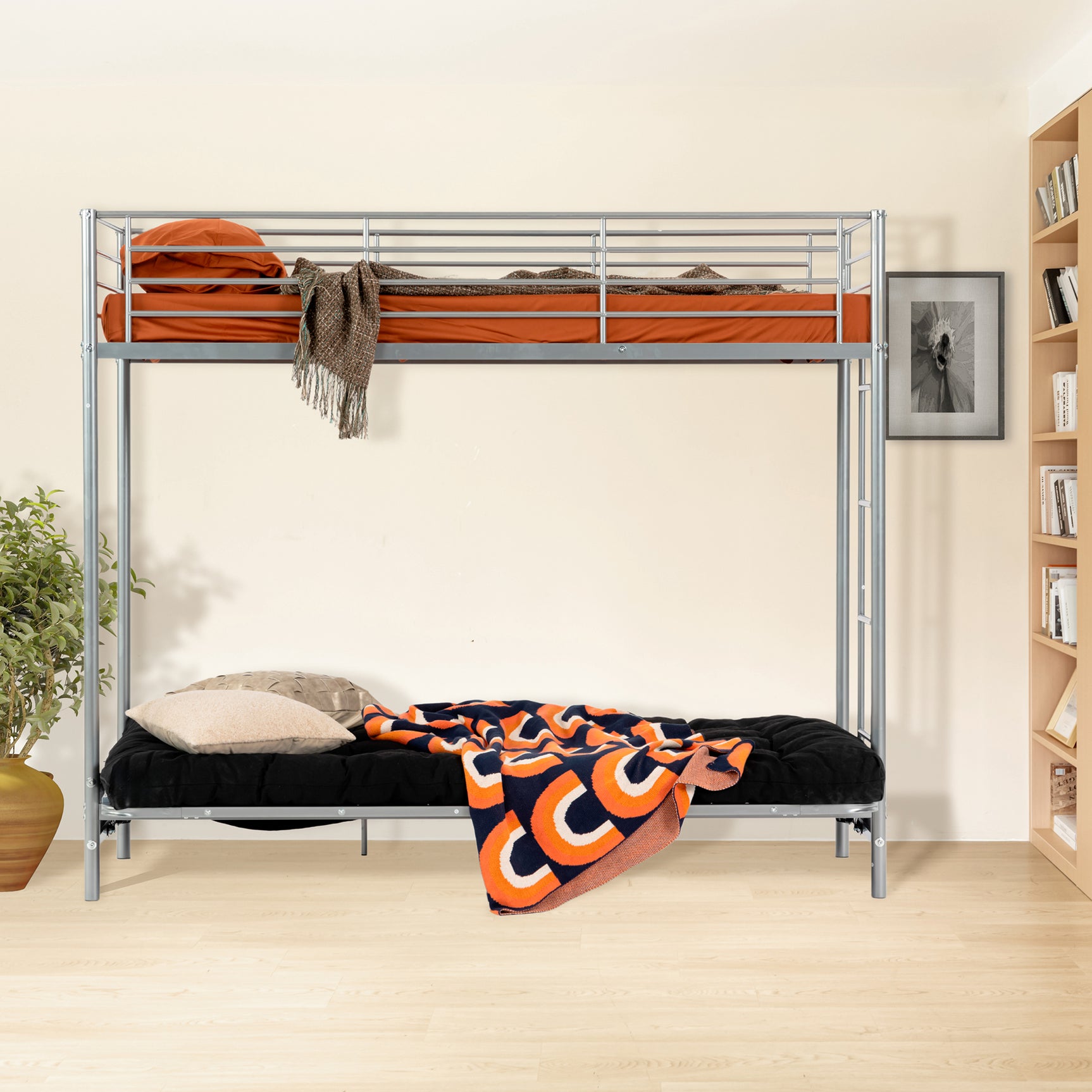 Bunk bed 90x190cm with convertible bench sofa and silver metal slats (mattress not included) - Liberty