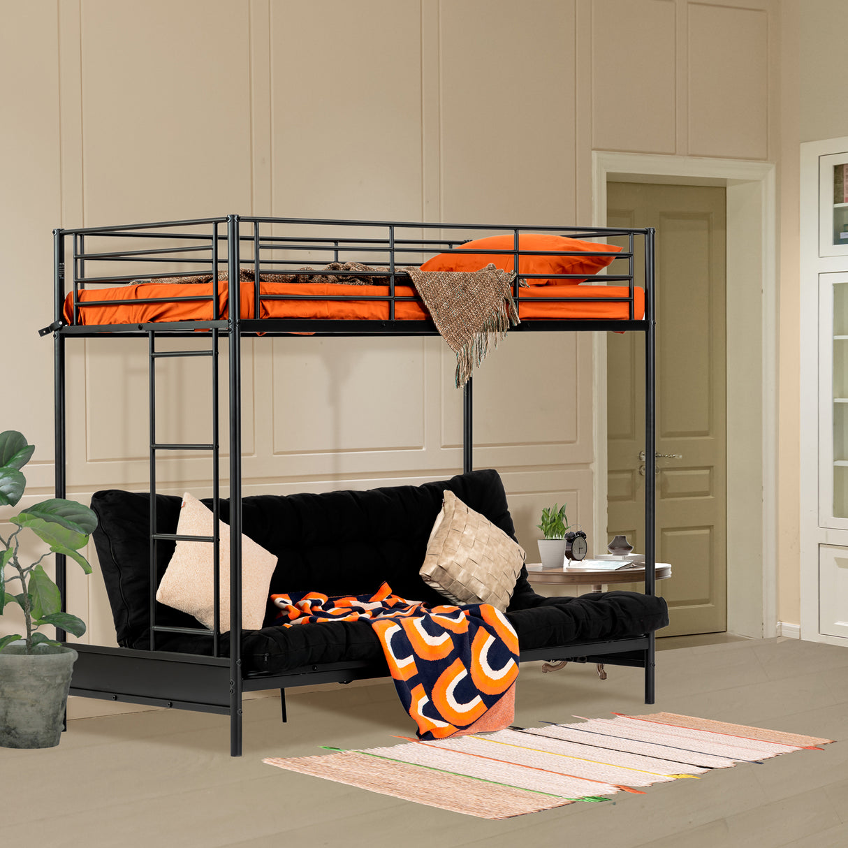 Bunk bed 90x190cm with convertible bench sofa and slatted base in black metal (mattress not included) - Liberty