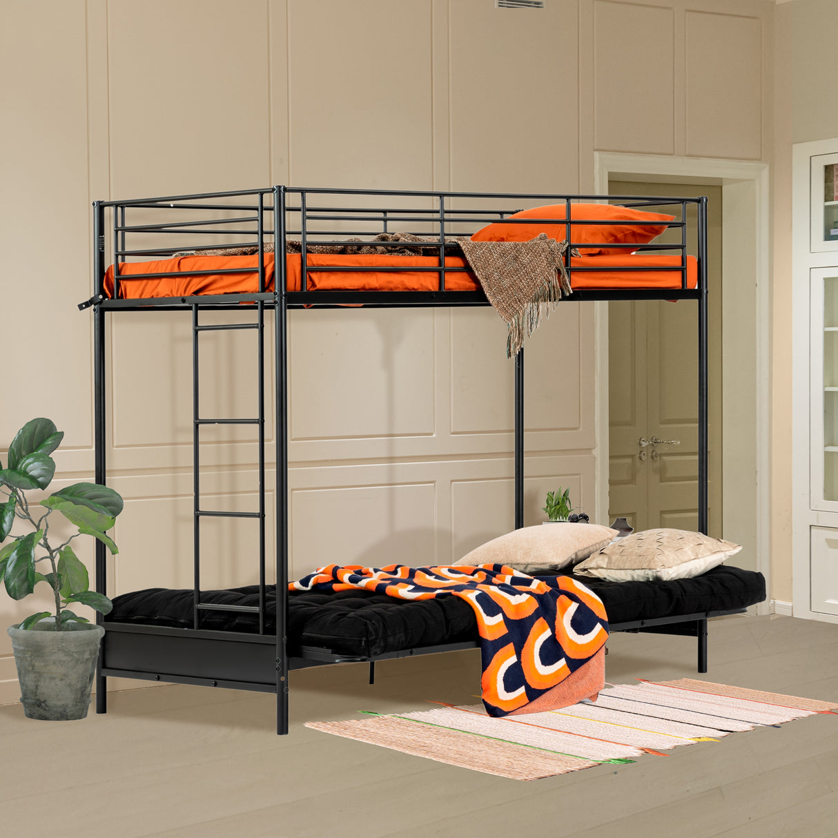 Bunk bed 90x190cm with convertible bench sofa and slatted base in black metal (mattress not included) - Liberty