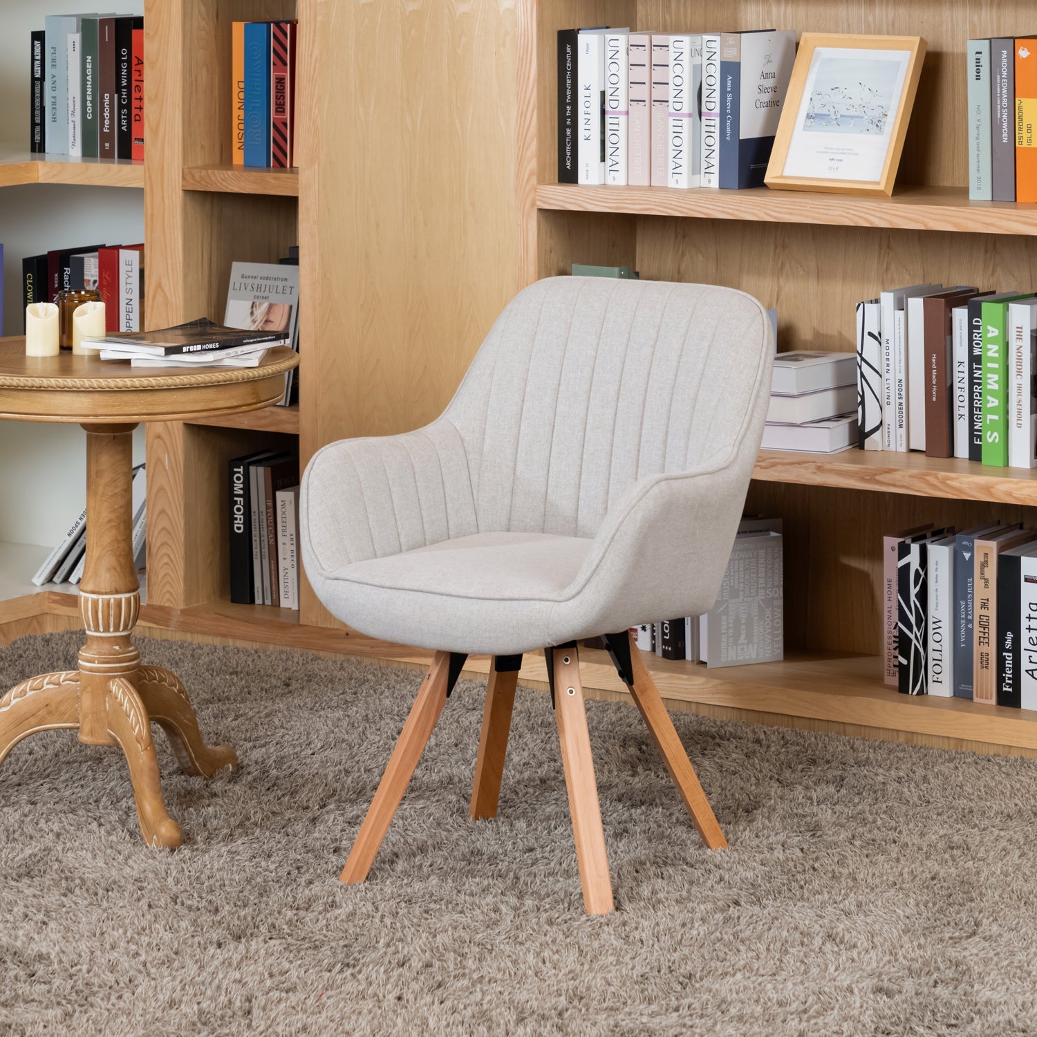 Set di 6 comode sedie per sala da pranzo in tessuto beige, girevoli a 360° - CARSON FABRIC BEIGE 6PZ