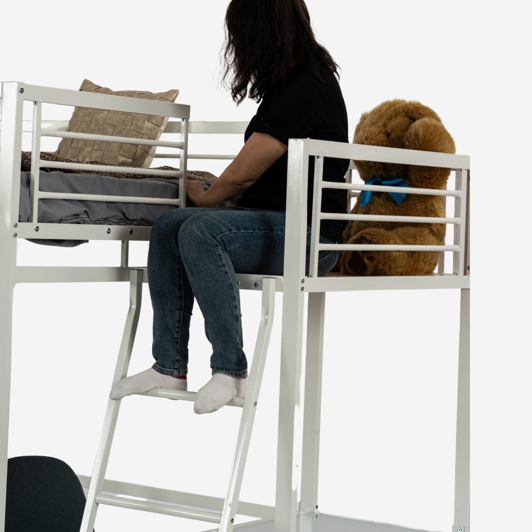 Lit mezzanine 2 places en métal blanc avec bureau intégré, couchage de 140x190cm (matelas non inclus) - LIONEL