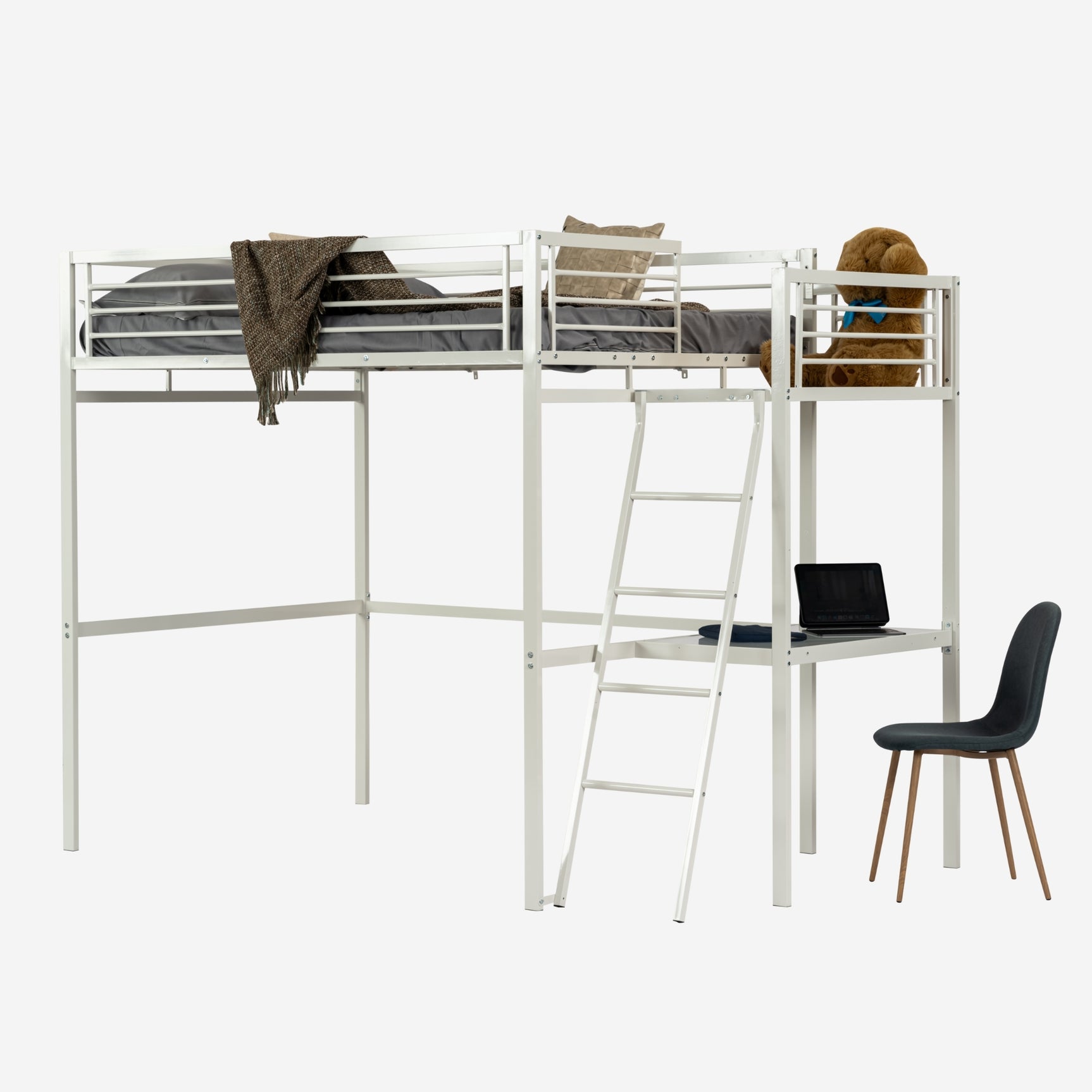 Lit mezzanine 2 places en métal blanc avec bureau intégré, couchage de 140x190cm (matelas non inclus) - LIONEL