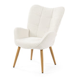 Scandinavian armchair with armrests in beige sheepskin fabric with stitching - KANAS