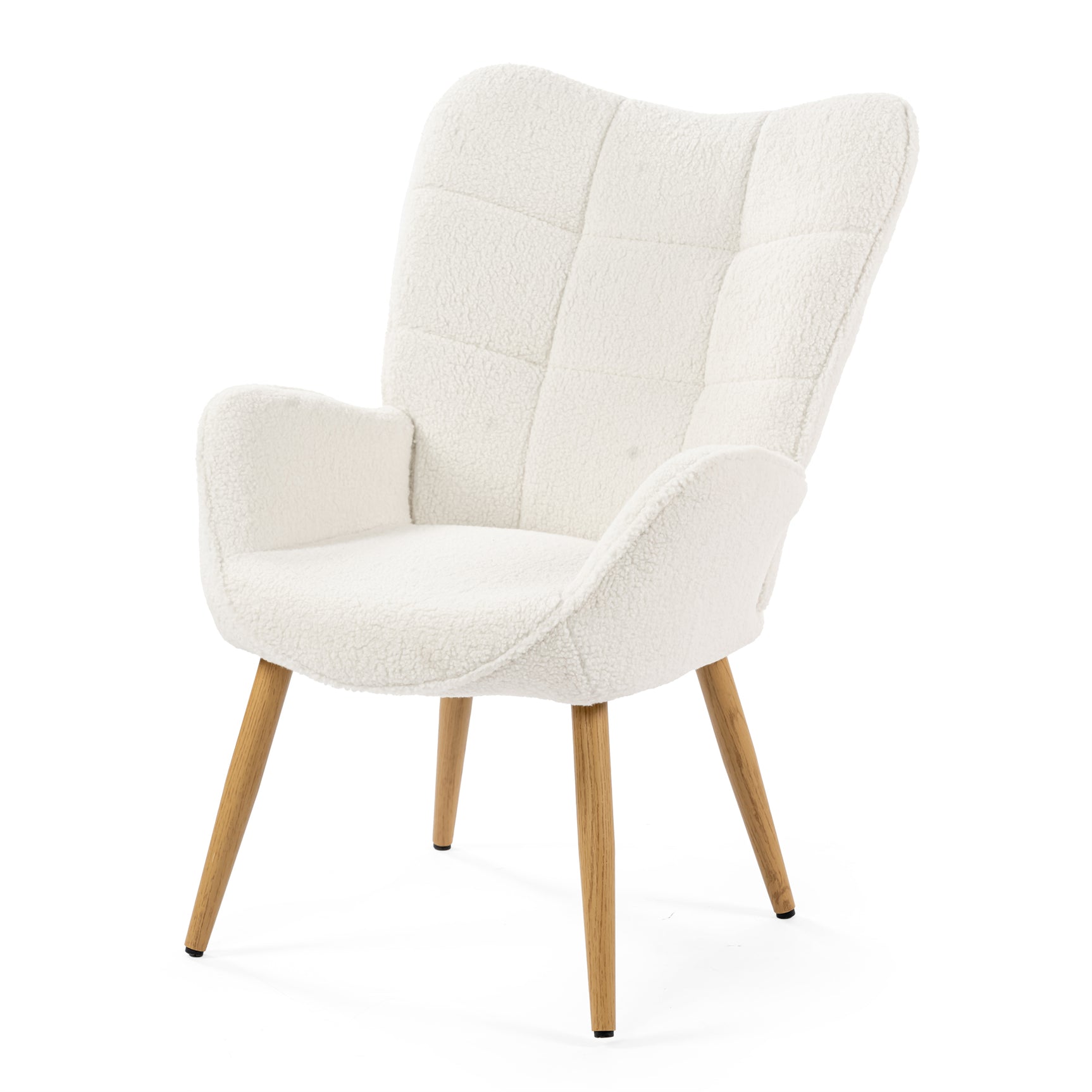 Scandinavian armchair with armrests in beige sheepskin fabric with stitching - KANAS