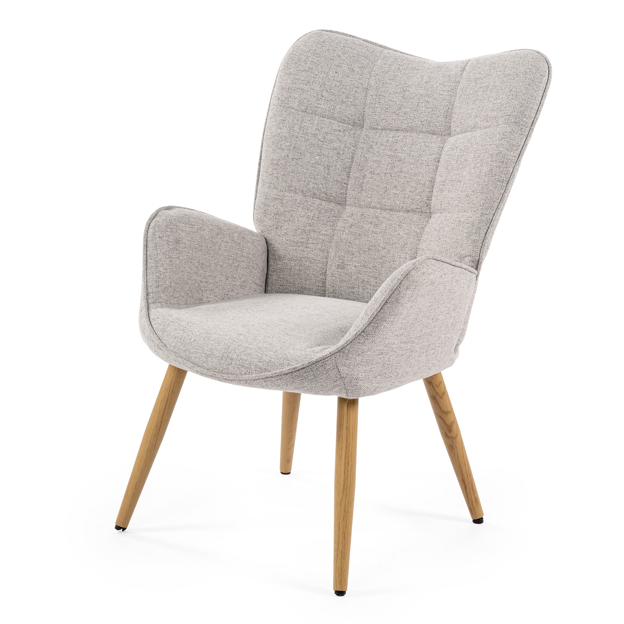 Scandinavian armchair with armrests in gray fabric with stitching