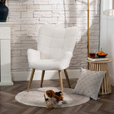 Scandinavian armchair with armrests in beige sheepskin fabric with stitching - KANAS