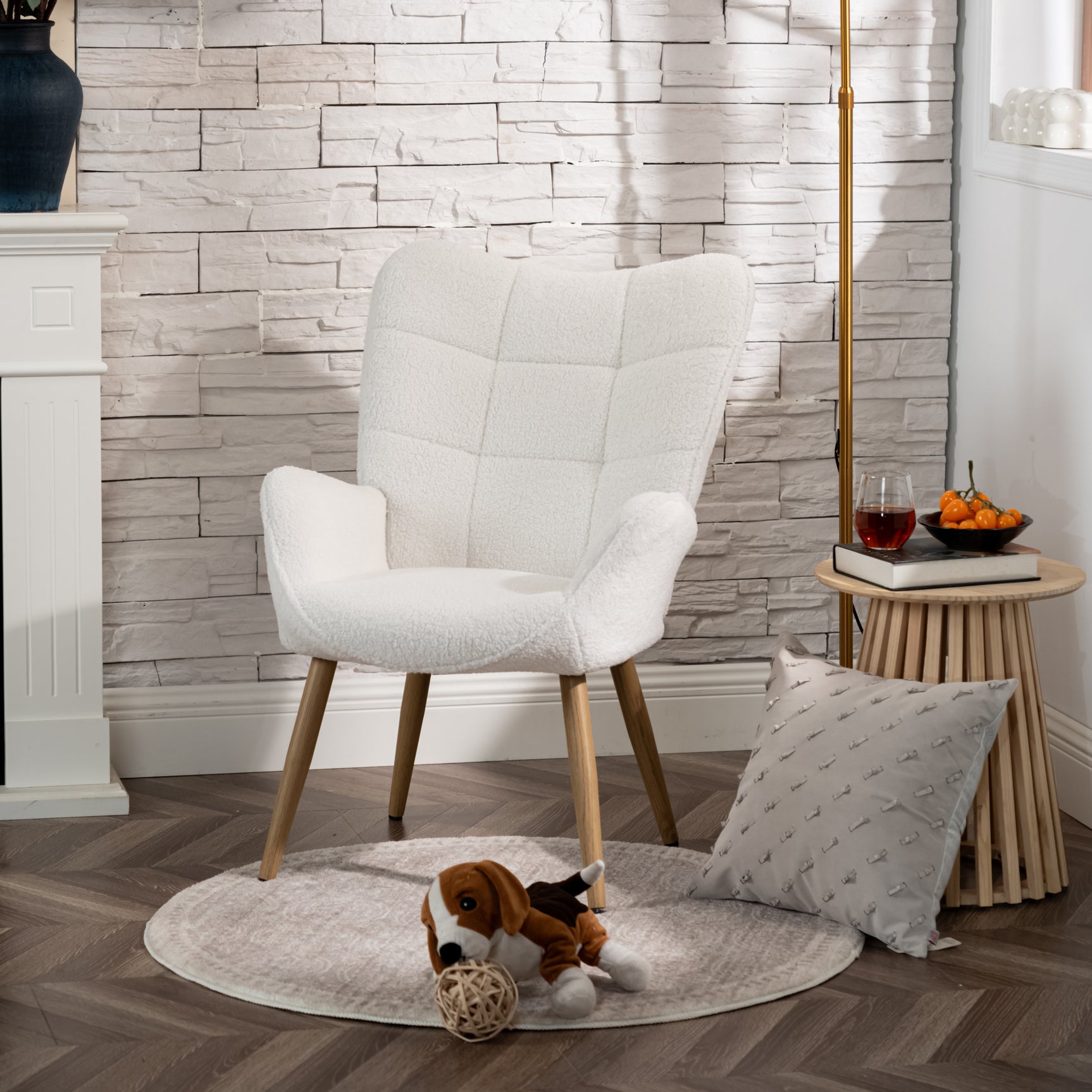 Scandinavian armchair with armrests in beige sheepskin fabric with stitching - KANAS