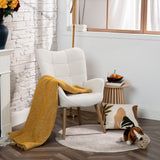 Scandinavian armchair with armrests in beige sheepskin fabric with stitching - KANAS