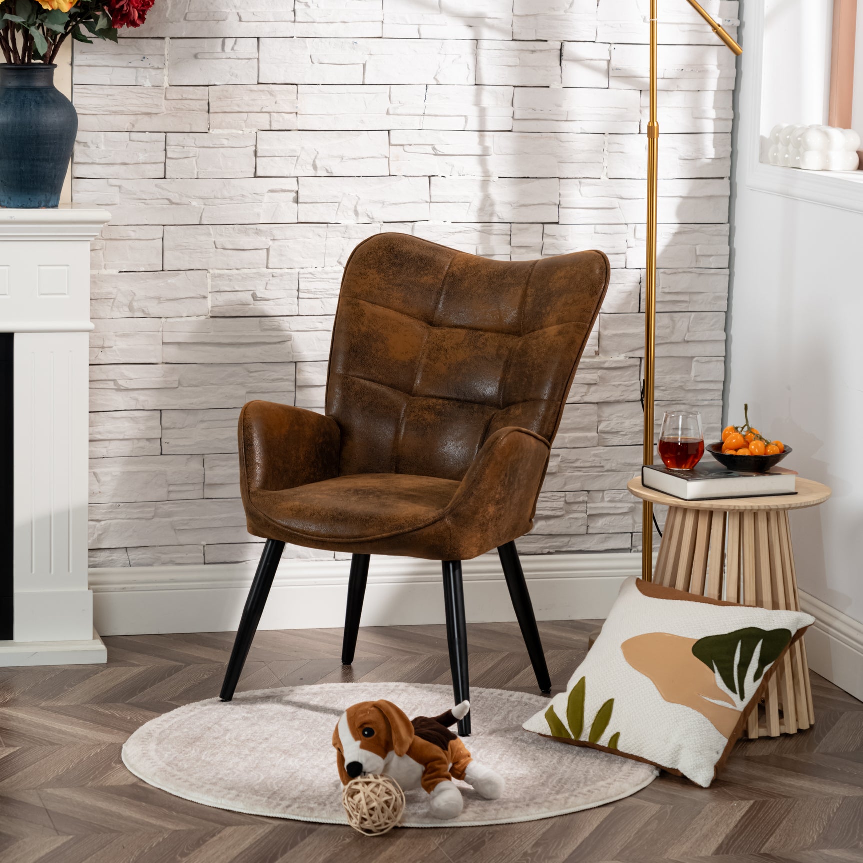 Scandinavian armchair with stitched suede armrests - KANAS