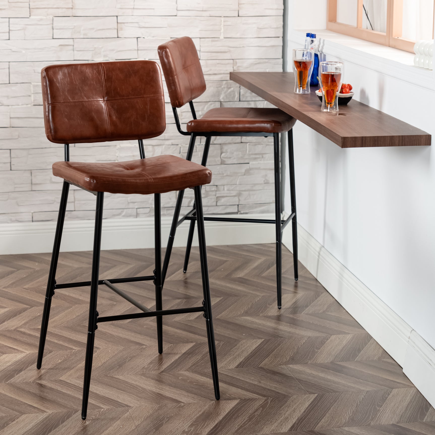 Set von 2 Industrie -Barhocker mit braun geölte Leder -Rückenlehne - Pomona Bar