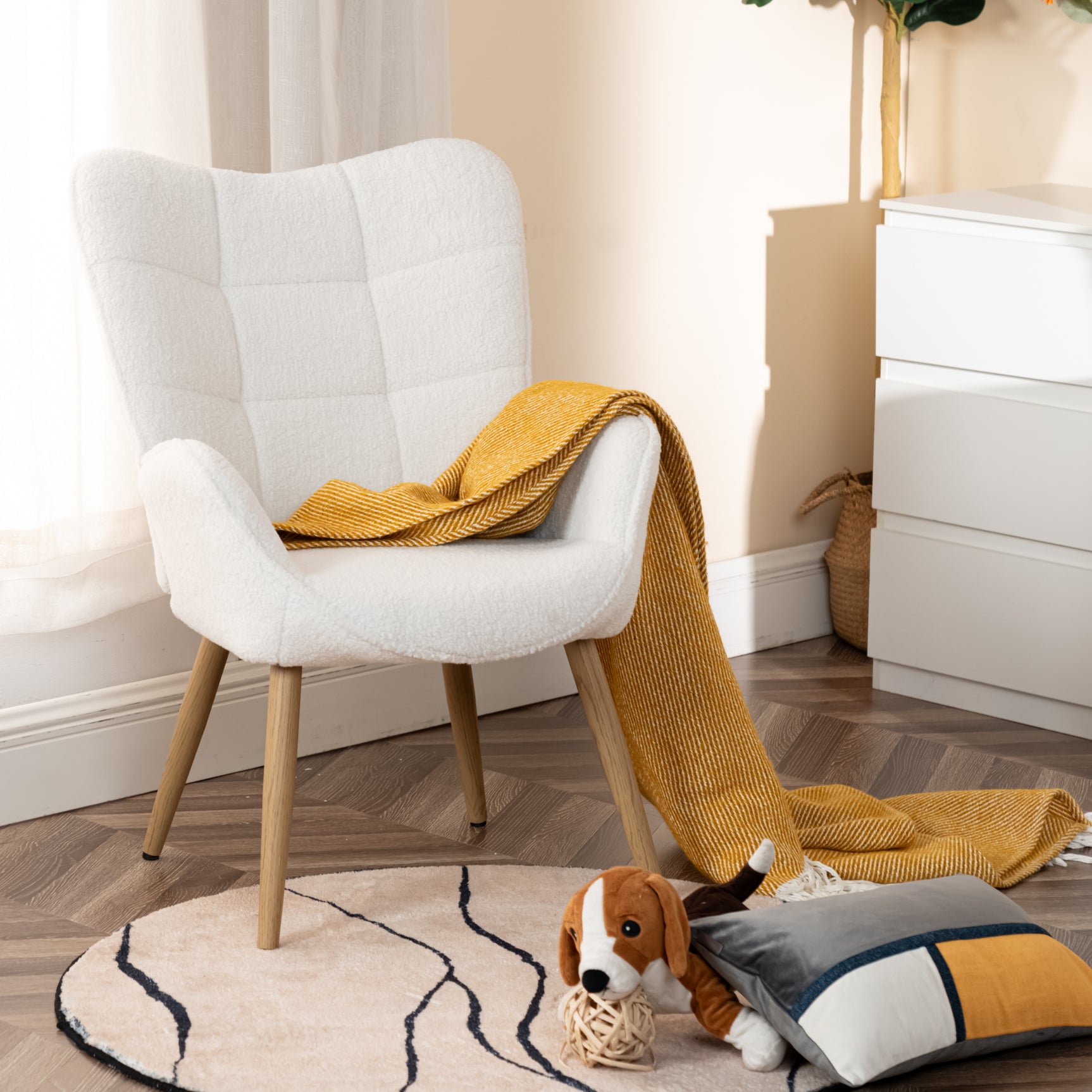 Scandinavian armchair with armrests in beige sheepskin fabric with stitching - KANAS