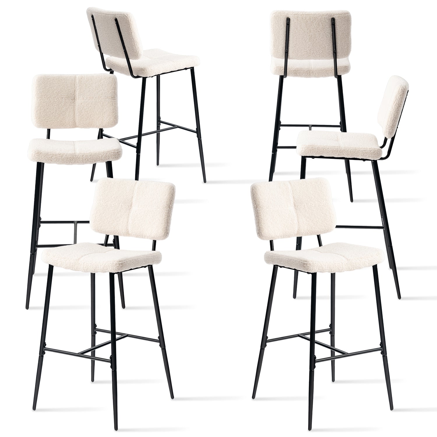 Set mit 6 skandinavischen Barhockern mit Rückenlehne aus beigem Schaffellstoff – POMONA BAR