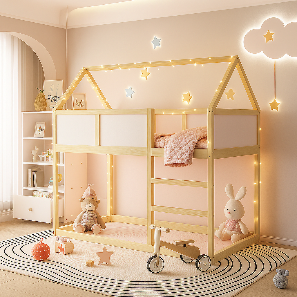 Mezzanine -Bett für Kinder 90x200 cm in massivem Holz mit Skala, Designkabine und natürlichen Holz Finish