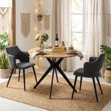 Ensemble table à manger ronde en chêne avec pieds en forme de X et 2 fauteuils en tissu gris de style scandinave pour salle à manger